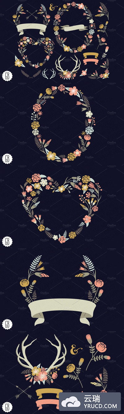 花卉花环素材 Floral wreaths heart antler laurels