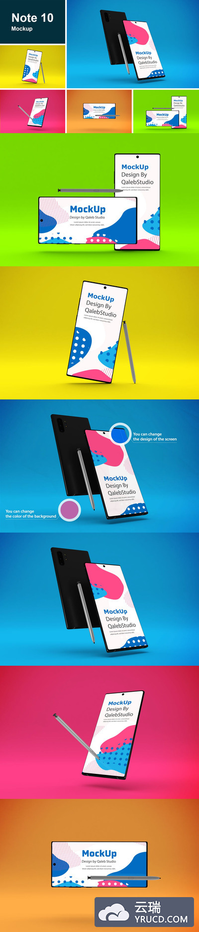 时尚漂浮质感的三星note 10手机APP UI样机展示模型mockups