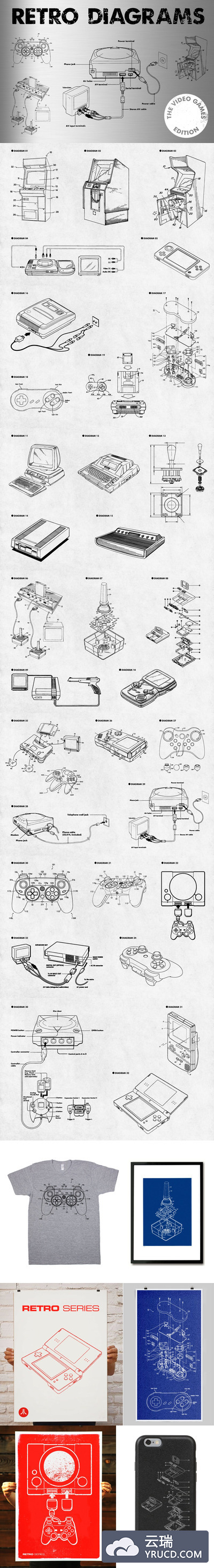 32个个性的复古风格的电子游戏矢量插画集合