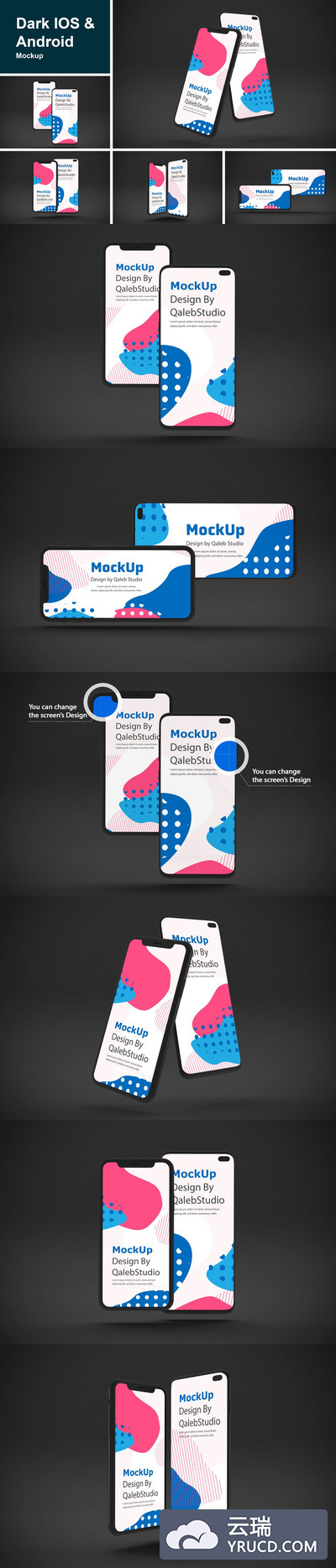 黑暗的iOS和Android手机APP UI样机展示模型mockups