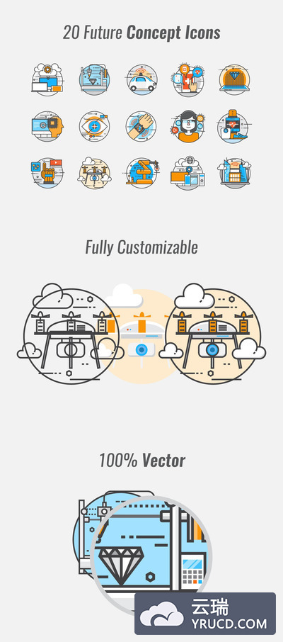 ICONS | 20个彩色扁平化线条矢量未来科技概念图标