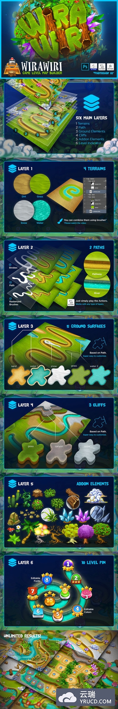 益智塔防关卡类小游戏UI素材资源包下载[PSD,atn,pat]