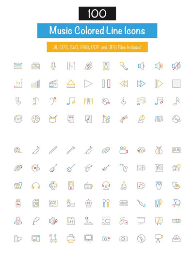 音乐媒体资源图标 100 Music Colored Line Icons