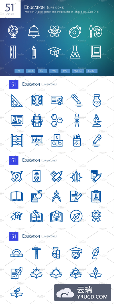 教育矢量图标 51 Education Line Icons