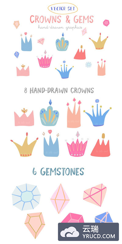 矢量手绘王冠和宝石图标 Vector hand drawn crowns and gems