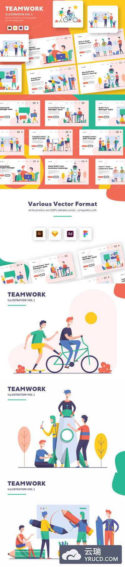 团队合作场景的矢量插画素材下载[Ai,XD,Fig,Sketch]