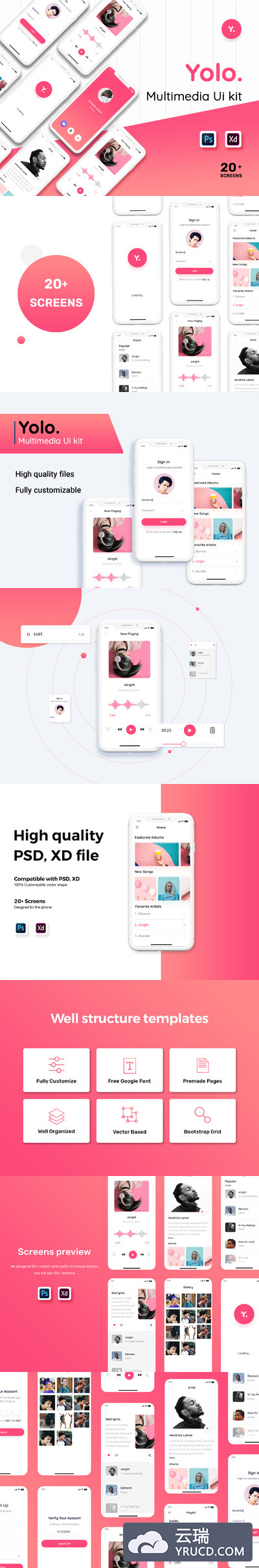 时尚的多媒体主题 App UI Kit[XD]