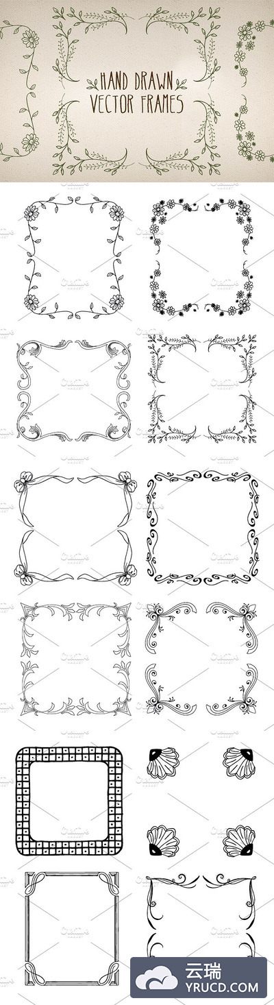 手绘图案框架 Hand Made Vector Frames Pack 3