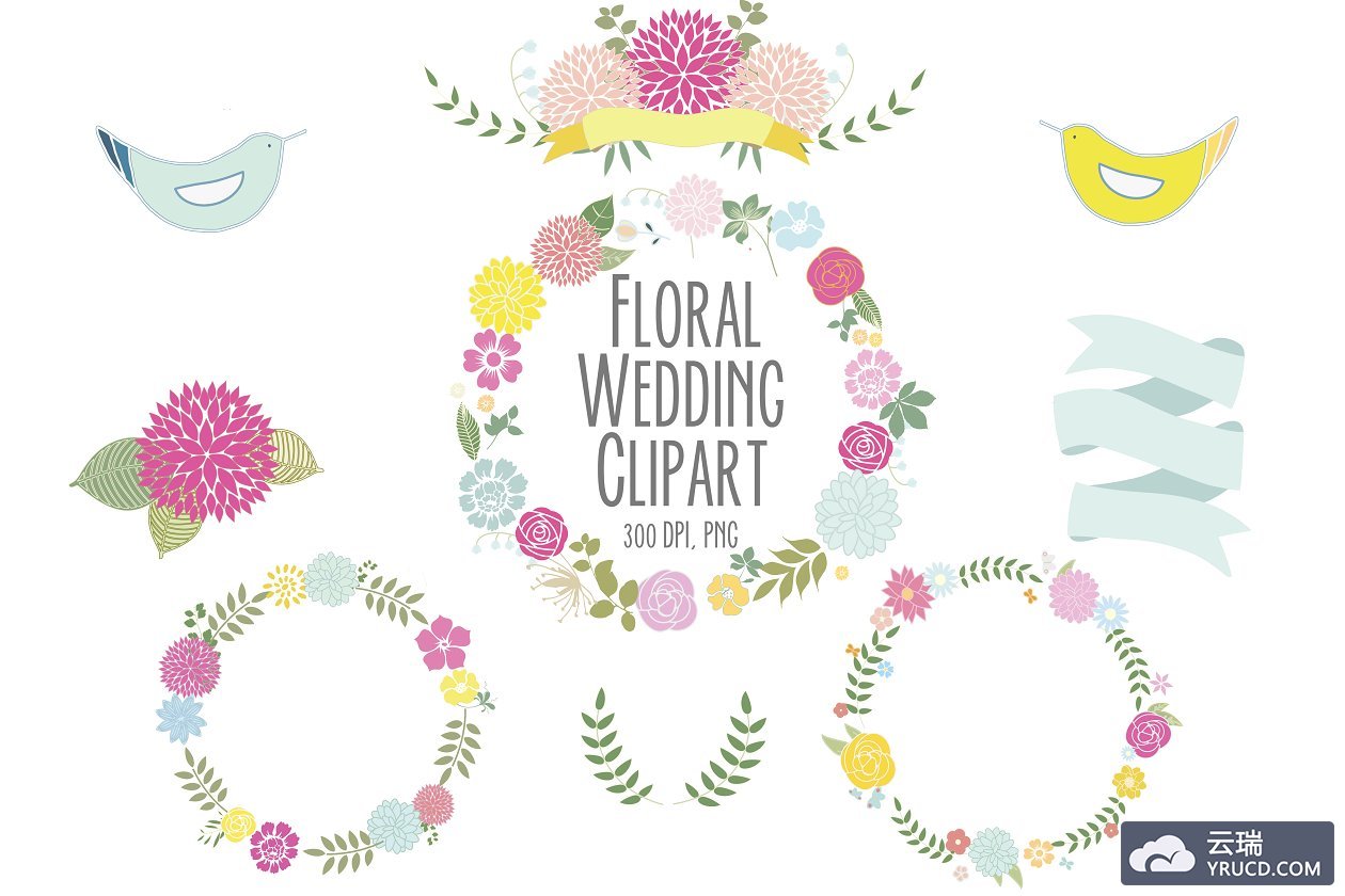 水彩花环插画 Floral clip art set 3