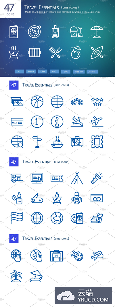 旅游必备线性图标 47 Travel Essentials Line Icons