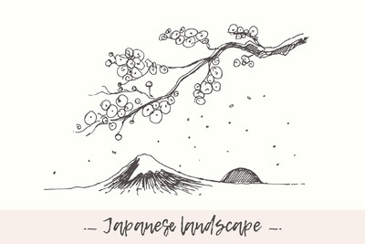 日落时分的富士山素描插画 Mount Fuji at the sunset