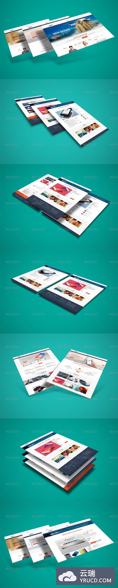 高品质的3D立体悬浮效果的WEB UI网站设计样机展示模型mockups