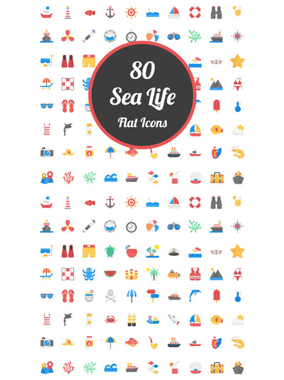 扁平化海洋图标素材 80 Flat Icons Set of Sea Life