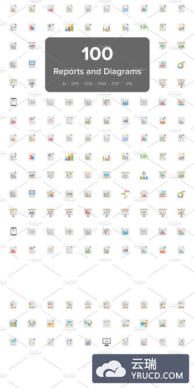 报告图表图标素材 100 Reports and Diagrams Flat Icons