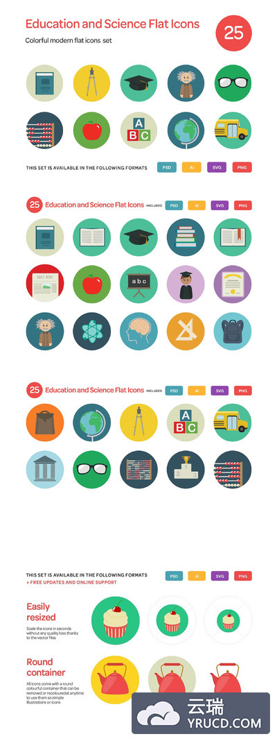 教育和科学平面图标 Education and Science Flat Icons Set