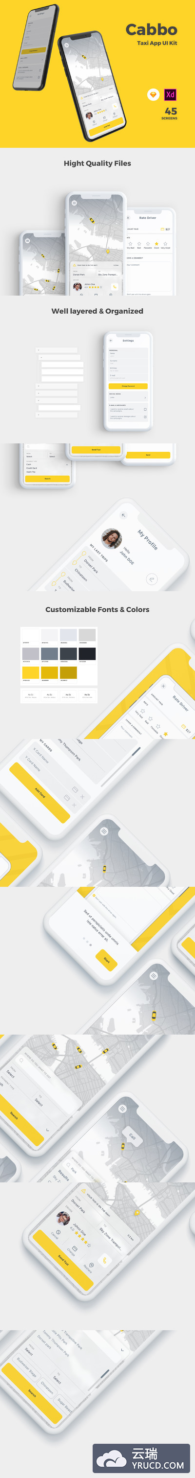 多功能打车叫车 APP UI KIT 套装下载[Sketch,XD]