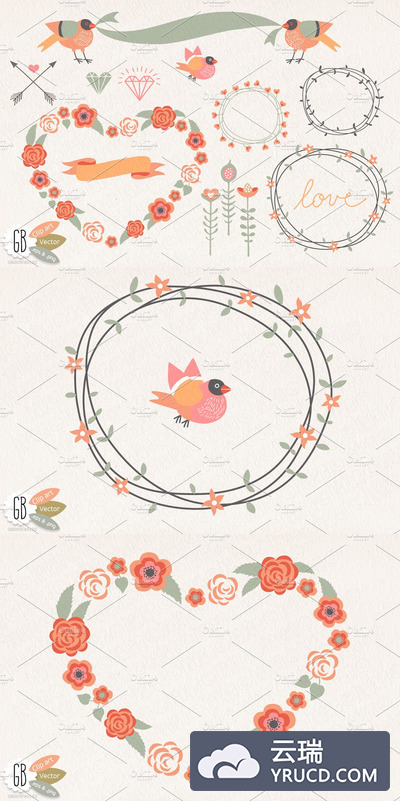 玫瑰花图形插画 Love roses wreaths heart clip art