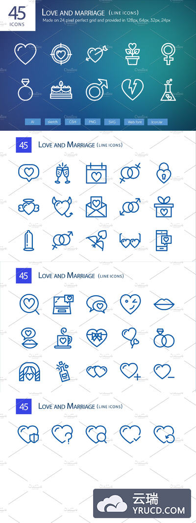 爱情婚姻图标素材 45 Love and Marriage Line Icons