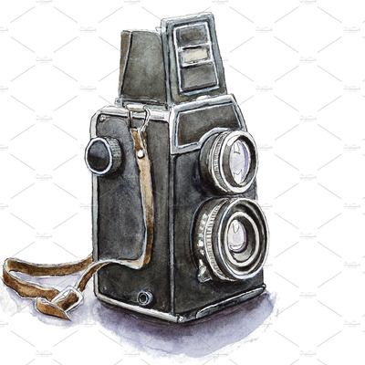 水彩相机插画 Watercolor sketch of retro camera