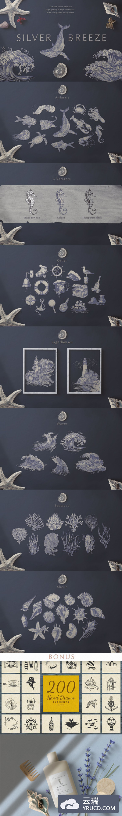 银色海洋生物手绘元素插画合集
