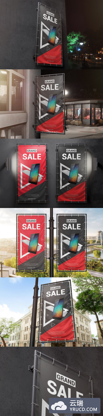 酷炫的垂直地产&商场户外广告横幅样机下载[PSD]