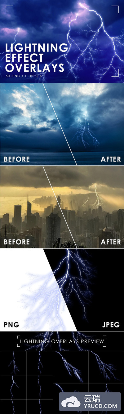 50个逼真的闪电雷电效果照片叠层