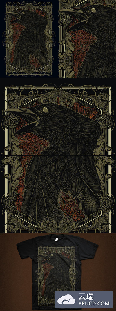 震撼的恐怖死亡乌鸦矢量插画T恤图案设计模板