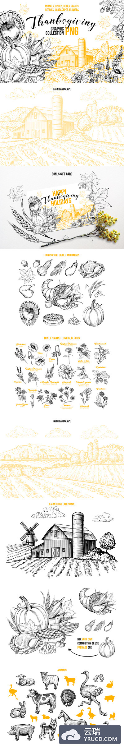 感恩节主题手绘雕刻插画素材合集