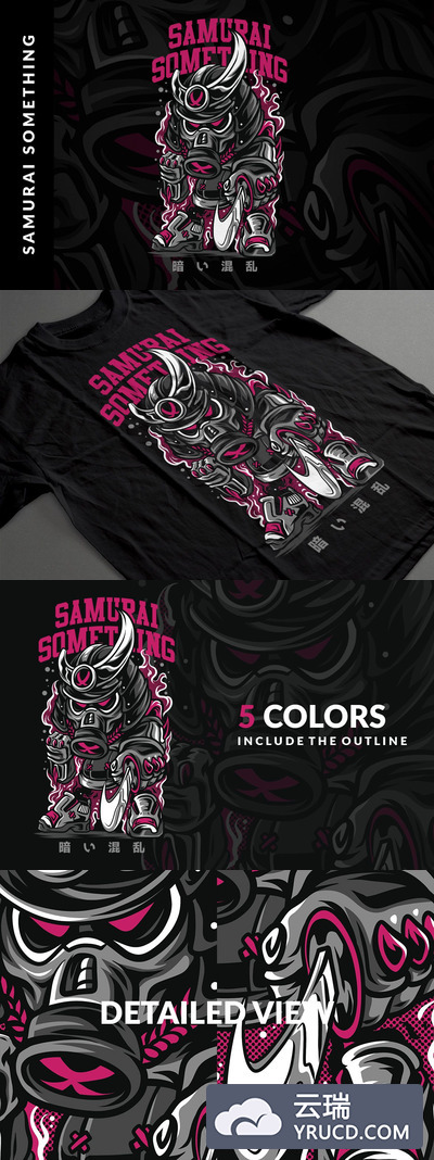 时尚个性涂鸦风格的日本武士插画T恤图案服装设计模板
