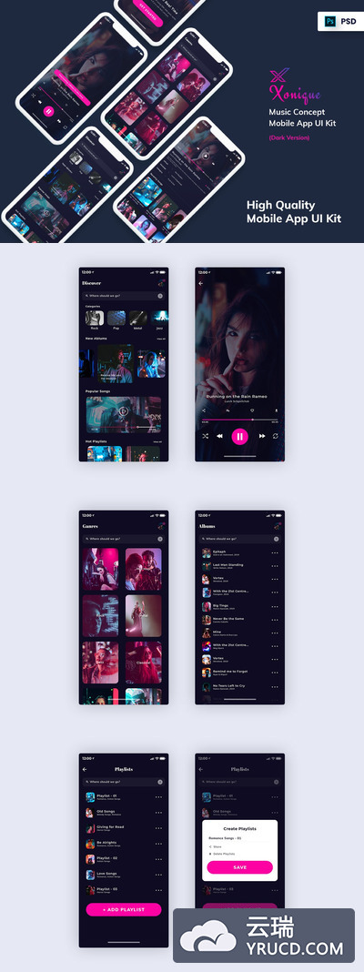 高品质的时尚高端专业音乐播放器移动应用程序APP UI KITS深色版本