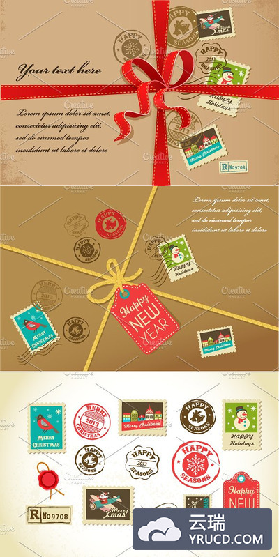 圣诞元素贺卡设计 Xmas greeting cards with stams