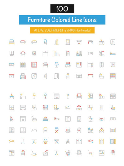 彩色家具图标素材 100 Furniture Colored Line Icons