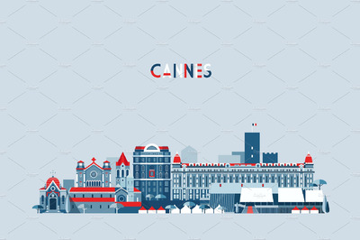 法国城市天际线插画 Cannes skyline, France