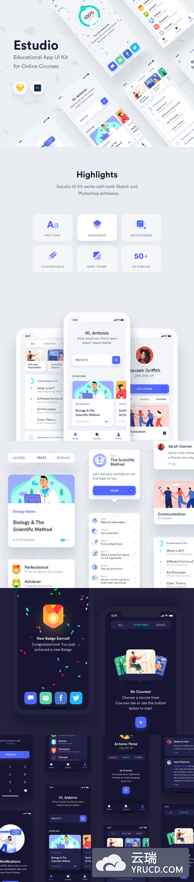 在线教育类移动端 App UI Kit套装素材下载[PSD,SKETCH]