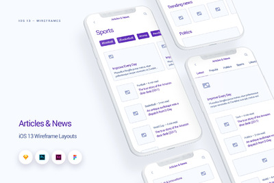 新闻资讯和文章类的iOS 13移动屏幕的精美线框 UI下载 [Sketch,Photoshop,Xd,Figma]