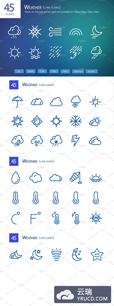 天气图标素材 45 Weather Line Icons