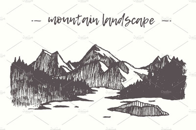 有松林的山地景观插画 Mountain landscape with pine forest