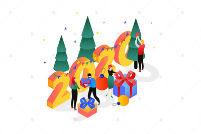 2.5D风格传统的圣诞晚会等距矢量插画[EPS]