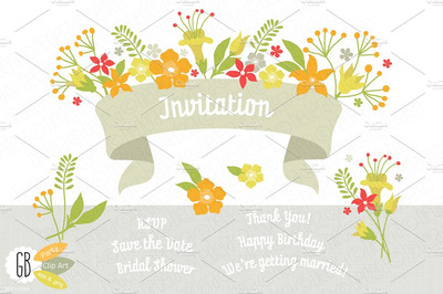 花卉素材插画 Folk flowers invitation yellow green