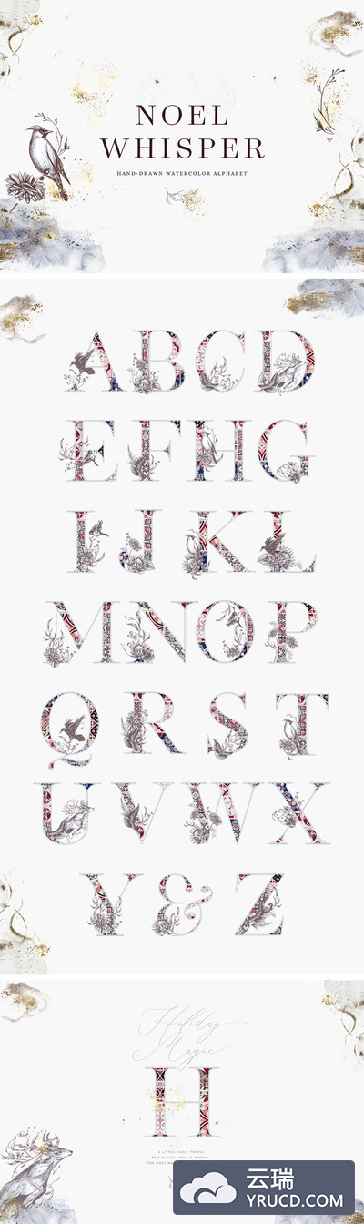 水彩 | 诺埃尔耳语明亮欢快魔幻神秘童话故事手绘彩色26个概念艺术感字母画集