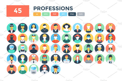 专业的职业图标素材 45 Flat Professions Vector Icons