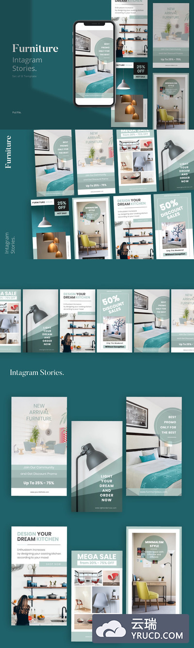 Instagram | 高级绿色家具家居营销平台工具包社交家具媒体故事模板