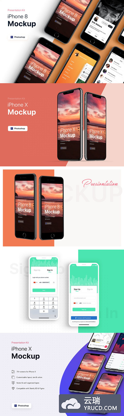 高品质的时尚高端iPhone 8 & iPhone X APP UI样机展示模型mockups