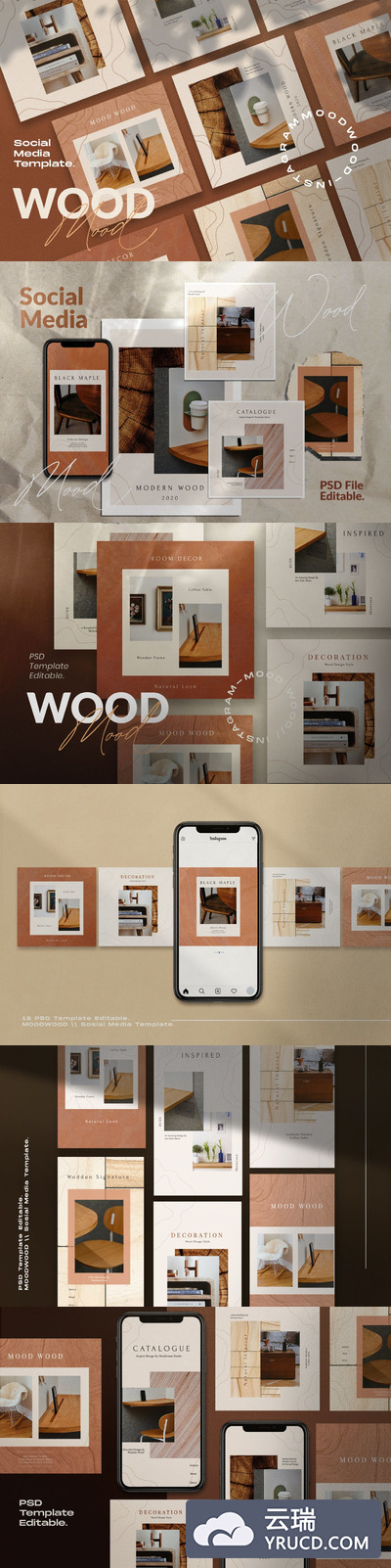 时尚高端优雅多用途的高品质树木纹理质感的社交媒体banner海报设计模板集合