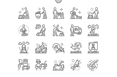 割草图标素材 Workers cutting grass Line Icons