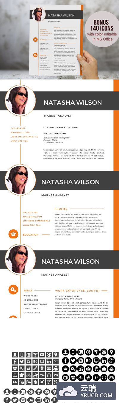 word简历模板 2 in 1 orange photo Word resume