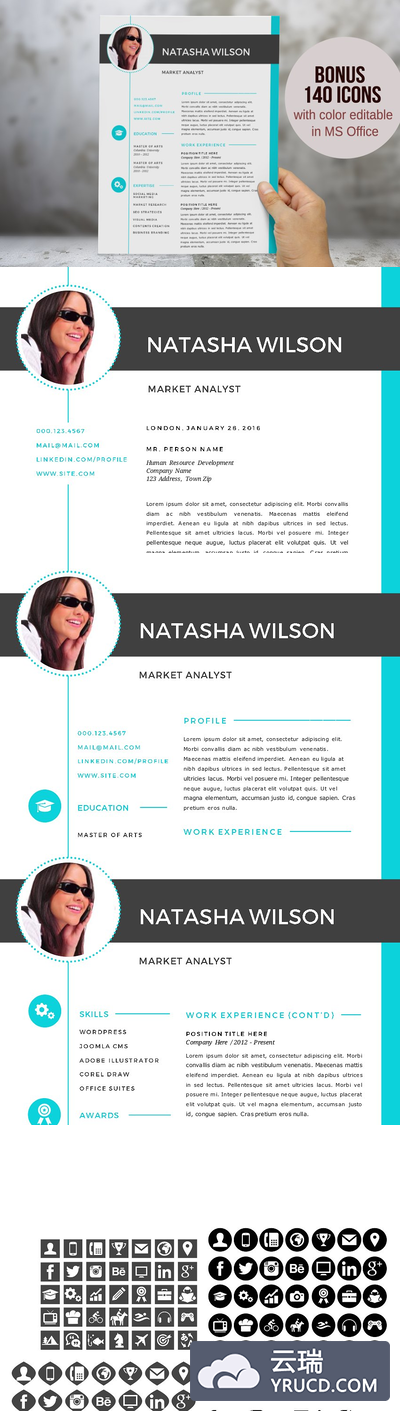 个人简历模板 2 in 1 turquoise photo Word resume