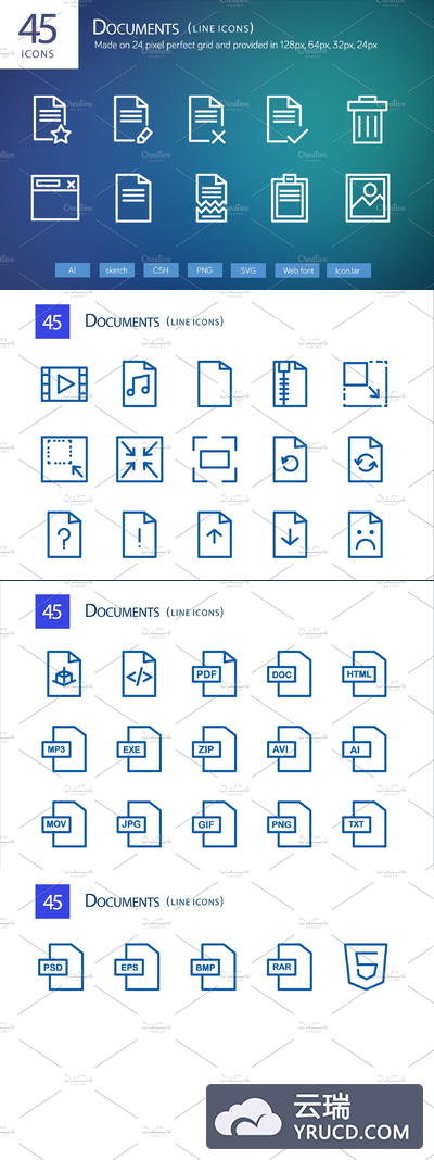 手机文档图标素材 45 Documents Line Icons