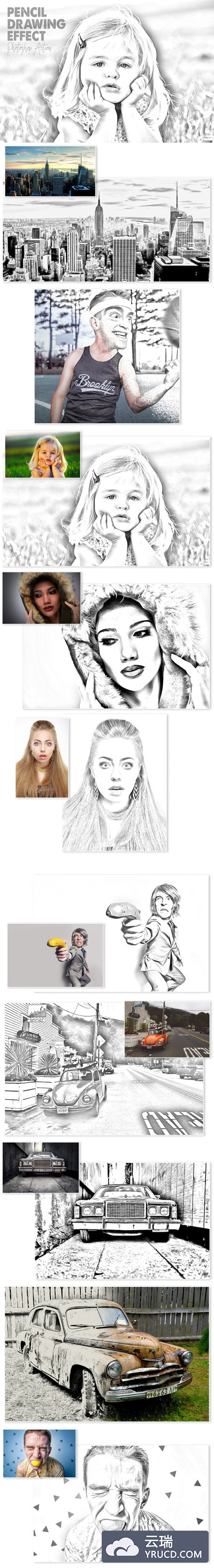 高品质的逼真手绘素描photoshop动作