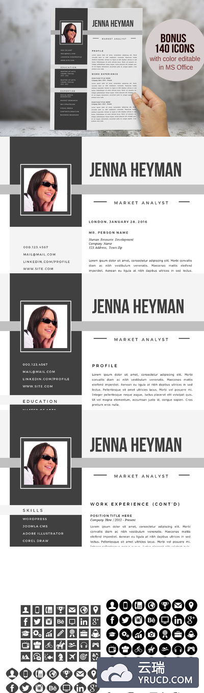 优雅的简历模板 Elegant photo 2 in 1 Word resume